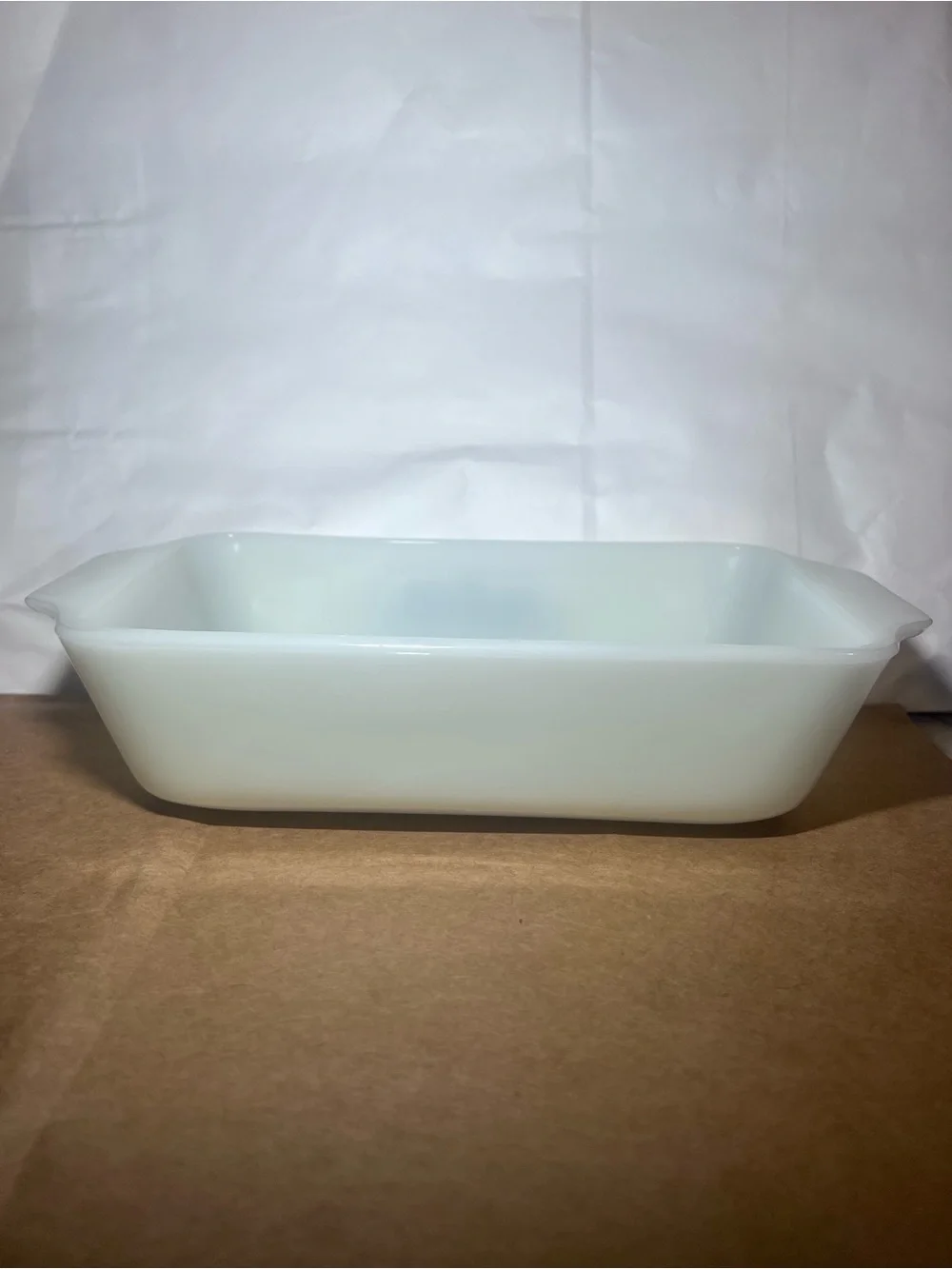 Vintage Anchor Hocking Milk Glass Loaf Baker with Blue Cornflower Design